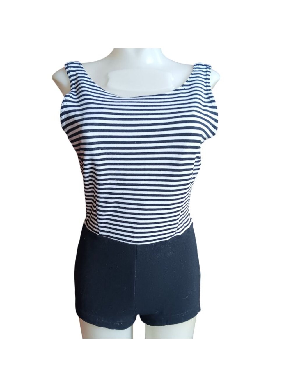 Low Back sz 12 True Vintage Swimsuit Black White Striped Womens Built-In Padding